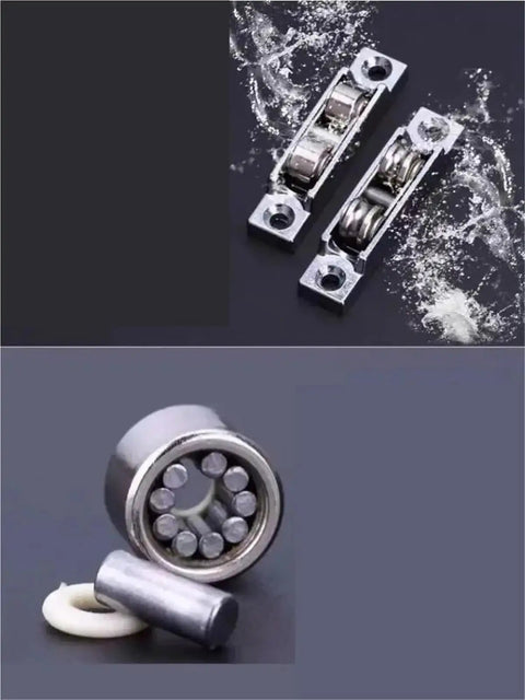 8 Piece Double Wheel Sliding Door Pulleys And Adjustable Roller Wheels With Flat Grooved Design For Zero Drag Track Repair And Hella Smooth Gliding Patio Door Operation That Is A Straight Upgrade For Your Home Hardware, showing double wheel pulleys and components.