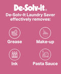 Image showing De-Solv-it Laundry Saver's effectiveness against grease, make-up, ink, and pasta sauce stains.