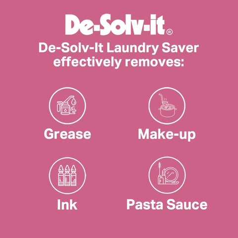 Image showing De-Solv-it Laundry Saver's effectiveness against grease, make-up, ink, and pasta sauce stains.