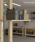 Stainless Steel L Shaped Shelf Brackets Heavy Duty Wall Mount Supports for floating shelves in workshop with storage boxes