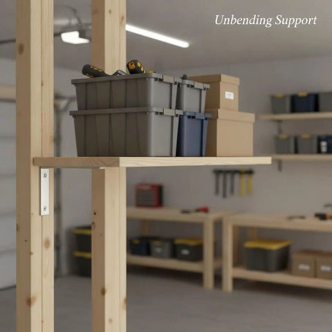Stainless Steel L Shaped Shelf Brackets Heavy Duty Wall Mount Supports for floating shelves in workshop with storage boxes