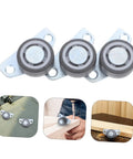 Set Of Four Heavy Duty Adjustable Sliding Door Rollers With Precision Bearings Buttery Smooth Glide Easy Side Or Vertical Mounting On Closets Barn Doors; showing three rollers with metal brackets.