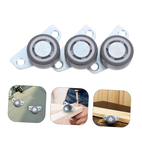 Set Of Four Heavy Duty Adjustable Sliding Door Rollers With Precision Bearings Buttery Smooth Glide Easy Side Or Vertical Mounting On Closets Barn Doors; showing three rollers with metal brackets.