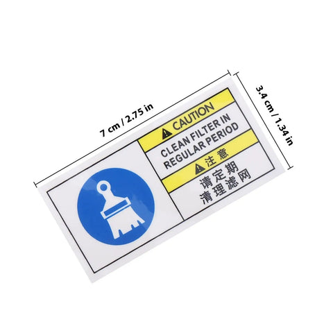 Pro Grade Heavy Duty Industrial Equipment Filter Cleaning Reminder Tag White PET Material Weather Resistant Service Sticker For Machinery Maintenance In Industrial Settings, 7x3.4 cm dimensions, with caution symbols.