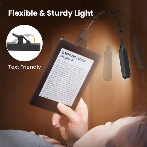 Clip On Rechargeable Book Light Set 2 Pack For Bedtime Or Late Night Reading illuminating an e-reader page