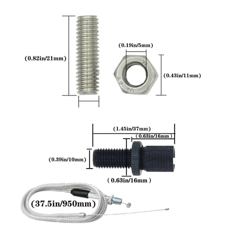 Components of Seven Eighths Inch CNC Aluminum Quick Twister Throttle Grip With Cable, dimensions displayed.