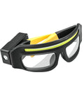 Rechargeable LED Lighted Glasses With Motion Sensor And Touch Control Five Mode Hands Free Headlight Eyewear For Night Running Camping And Cycling USB C Trail Ready Glasses Built Different And Shine Bright in black with yellow accents.