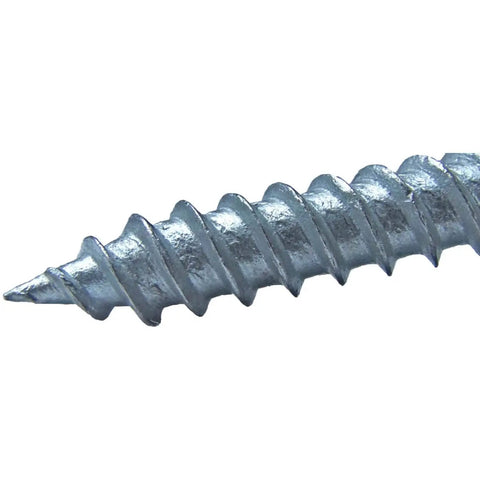 Close-up of the sharp point of a 12 X 1.5 Inch Zinc Hex ReGrip Sheet Metal Roof Screw with threading, for metal roofing and wood siding.