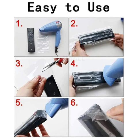 Hassle Free 100 Pack Clear Pvc Heat Shrink Bags 7X10 Inches For Packing Gifts Soaps Bath Bombs Dvd Cd And Candles Smooth Seal Quick Shrink Tight No Sweat Diy Wrapping Films Top Shelf Protection usage steps with remote control and hair dryer.