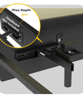 Close-up of No Sweat Install Heavy Duty Headboard Brackets for Metal Bed Frame, showing max depth of 2 9/16 inches in matte black.