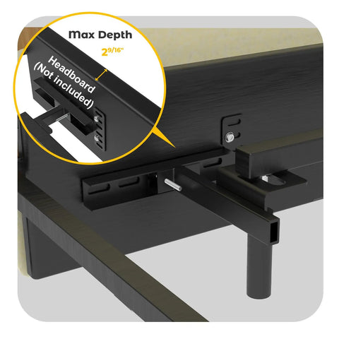 Close-up of No Sweat Install Heavy Duty Headboard Brackets for Metal Bed Frame, showing max depth of 2 9/16 inches in matte black.