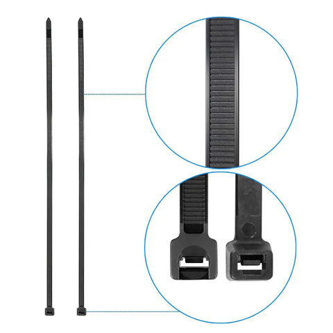 Heavy Duty Black Zip Ties 6 Inch 40 Lb Tensile Nylon Cable Ties, UV Resistant and Outdoor Ready, close-up view of locking mechanism