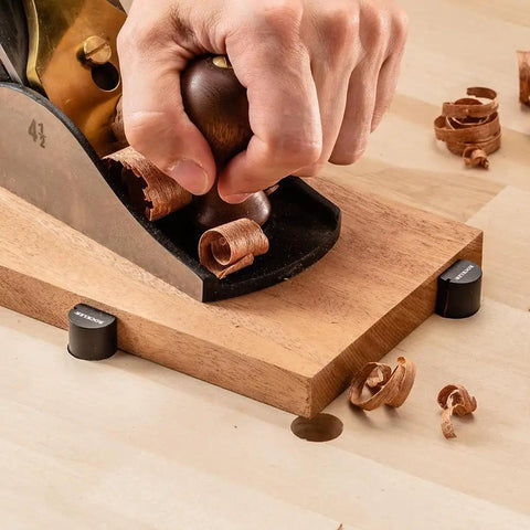 Woodworking setup with 2 Inch Aluminum Round Bench Dogs With Beefy Side Spring For Thin Benchtops And Woodworking Tools Easy Height Adjustment
