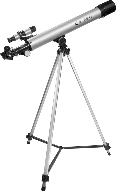Starwatcher 50mm Refractor Telescope For Beginners With 600mm Focal Length And Coated Optics on tripod, ideal for sky watching.