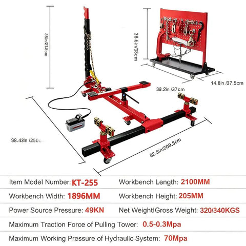 Auto Body Frame Straightener With 3 Ton Air Jack, Frame Puller For Sedans, SUVs, Trucks, And Vans, dimensions displayed
