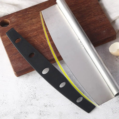 Pizza Cutter Guard Set 10 Pack Half Moon Edge Protectors on cutting board with knife