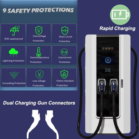 High Power 120KW DC Fast EV Charger For Commercial Use With Dual CCS Connectors displayed with 9 safety protections