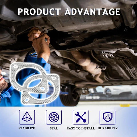 Two perforated metal exhaust flange gaskets (2 pcs) for universal exhaust manifold, installed under a car