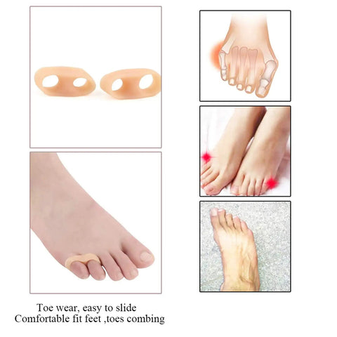 Gel Toe Buddy Corrector Kit For Little Toes With Double Hole Design Soft Gel Bunionette Pads in use on feet