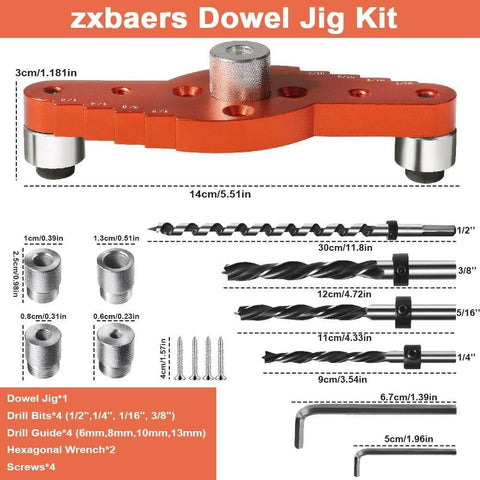Image of Self Centering Doweling Jig Kit with Drill Guide, Stop Collar, and various drill bits and sleeves for woodworking.