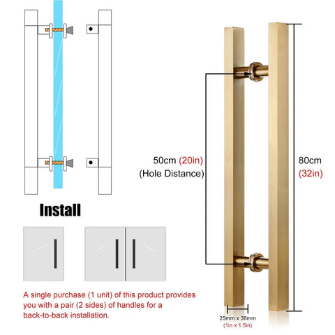 Gold Barn Door Pull Handle for Sliding Doors, Modern Square H Shape, Durable 304 Stainless Steel, 32 Inch 80 Cm Length