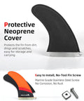 9 Inch SUP Center Fin With Cross Screw For Surfboard Stand Up Paddleboard And Longboard Fiberglass Honeycomb Orange Replacement Fin For Dope Maneuverability And Quick Response with neoprene cover and installation accessories.