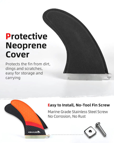 9 Inch SUP Center Fin With Cross Screw For Surfboard Stand Up Paddleboard And Longboard Fiberglass Honeycomb Orange Replacement Fin For Dope Maneuverability And Quick Response with neoprene cover and installation accessories.