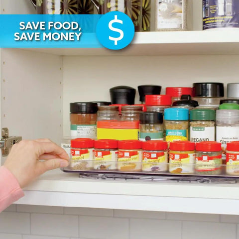 Hand rotating Smart Spin Rotating Refrigerator Organizer Lazy Susan For Spice Rack Condiment Storage in clear acrylic tray.