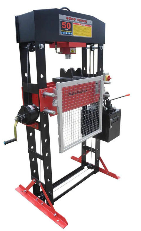 50 Ton Electric Hydraulic Shop Press With Adjustable Carriage Height And Carriage Winch, Precise Pressure Gauge, Beefy Heavy Duty Auto And Metalworking Press For Tough Jobs, Industrial Grade Steel Frame