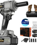 Pro Grade Heavy Duty 1/2 Inch Cordless Impact Wrench With Brushless Motor And 1760Nm Torque showing included accessories and battery.