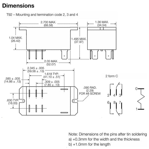 Technical diagram of Two Pack DPDT Power Relay 12V DC Coil Beefy 30A 120 277VAC General Purpose Relay, dimensions detailed