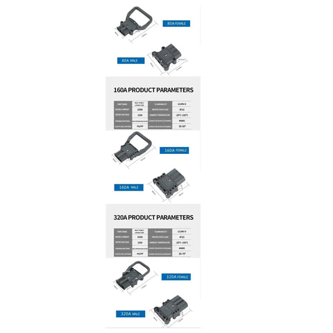 Premium Grade Heavy Duty Forklift Power Connector 80 To 320 Amps 150V male and female crimp terminal specifications.
