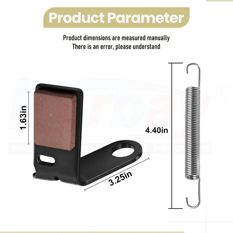 2 Pack Brake Pad Kit With Retainer And Torsion Springs For 42 Inch Deck Tractors, dimensions shown, replacement parts