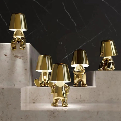 Gold Decor Thinker Statue Bedside Table Lamp With USB Port, Touch Control LED Night Light on marble steps, various positions