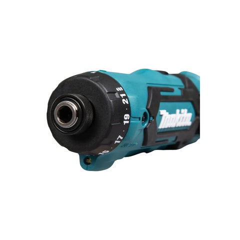 Close-up of Super Compact Cordless Pencil Drill Offering Slick Ratchet Action And 21 Position Torque Control with adjustable torque settings.