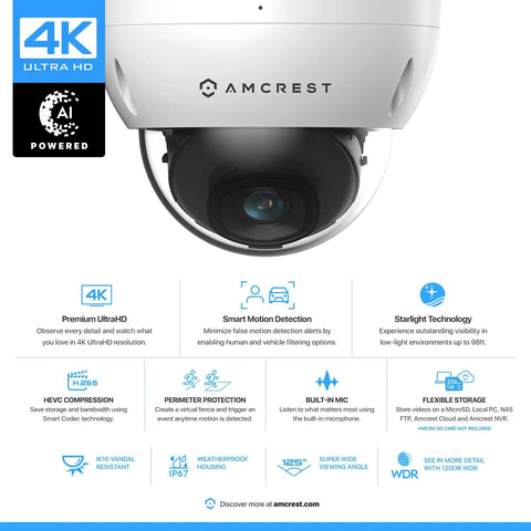 UltraHD 4K Outdoor PoE IP Dome Camera With 112 Degree View, 98ft Night Vision, 2.8mm Lens, IP67 Weatherproof, IK10 Vandal Resistant, MicroSD Recording, Sony IMX274 Sensor And Ambarella S3LM Chipset, front view showing camera lens.