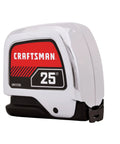 25 Ft Tape Measure With Retraction Control And Self Lock, Chrome Finish And Rubber Grip, classic design with red label