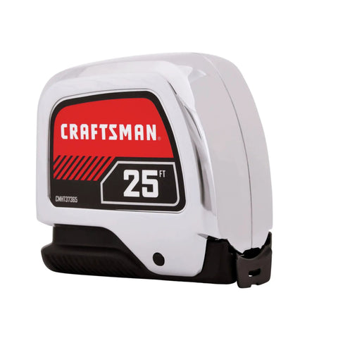 25 Ft Tape Measure With Retraction Control And Self Lock, Chrome Finish And Rubber Grip, classic design with red label