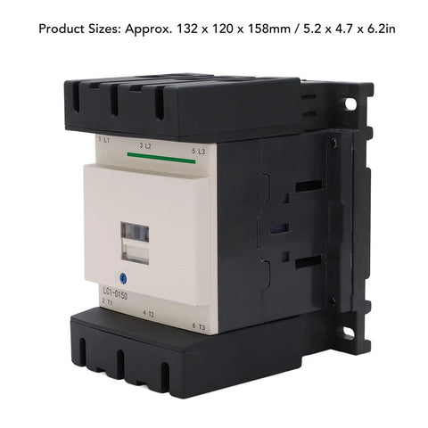 Three Pole AC Contactor 150 Amp With All The Right Accessories For Quick Circuit Connection And Safe Disconnection 110V Heavy Duty Controller 5.2 By 4.7 By 6.2 Inches, side view