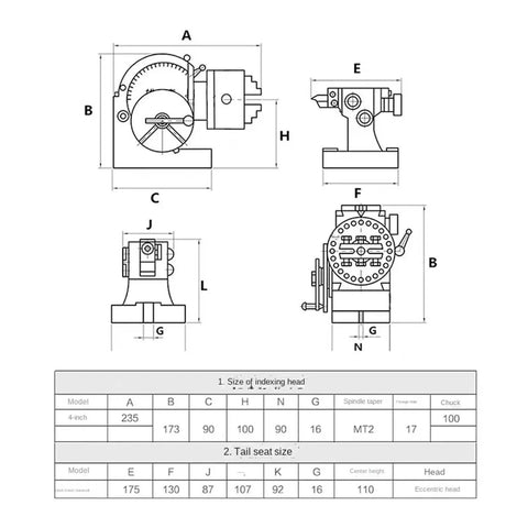 Precision 4 Inch Dividing Head With 3 Jaw Chuck And Tailstock Heavy Duty Rotary Table Milling Machine Accessory dimensions blueprint.