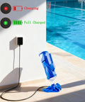 Replacement Power Cord And AC Adapter For Pool Blaster And Water Tech models charging by a swimming pool with indicator lights.