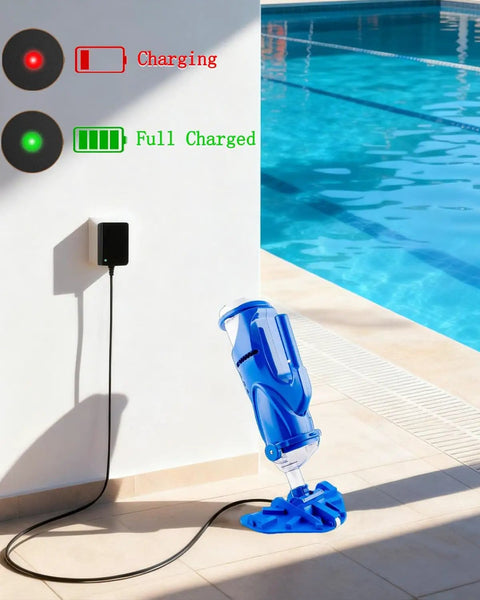 Replacement Power Cord And AC Adapter For Pool Blaster And Water Tech models charging by a swimming pool with indicator lights.