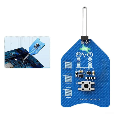 One Button Pro Grade Inductor And Coil Tester For Motherboard And PCB Repair With LED Indicator Light, blue tool with green LED.
