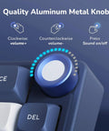 Absolute Beast 60 Percent Mechanical Gaming Keyboard With Gasket Mount And Rgb Backlighting Volume Knob Pbt Keycaps Mda Profile Qmk Via Hot Swappable Layout For Late Night Grinding And Vibing Blue Edition showcasing blue aluminum volume knob and key labels.