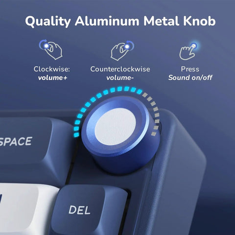 Absolute Beast 60 Percent Mechanical Gaming Keyboard With Gasket Mount And Rgb Backlighting Volume Knob Pbt Keycaps Mda Profile Qmk Via Hot Swappable Layout For Late Night Grinding And Vibing Blue Edition showcasing blue aluminum volume knob and key labels.