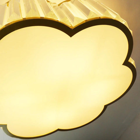 Gold Crystal Flush Mount Ceiling Light With 4 Lights, Modern Brass Frame, Flower Drum Design, illuminated underside view
