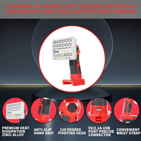 Milwaukee M18 Compatible Cordless LED Work Light Flashlight, 18W 2000 Lumen Spotlight, red, USB, 110° pivoting head, zinc alloy body