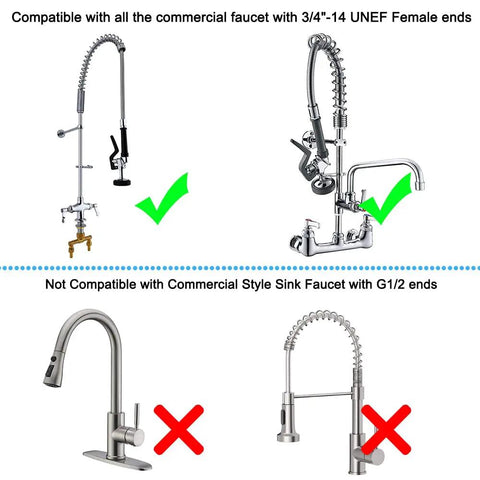 Heavy Hitter Commercial Pre Rinse Sprayer Valve Replacement Kit showing compatible faucets and non-compatible models with clear labels.