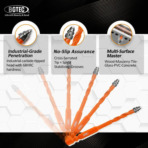 Tough As Nails Serrated Carbide Drill Bit Set Includes Diamond Tile Bits And PH2 Screwdriver Tips Quick Fit Hex Shank for various surfaces.