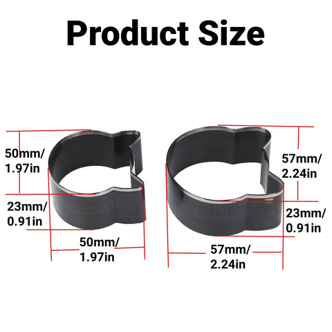 Two cat head leather cutting dies in alloy steel, 57x57x23mm and 50x50x23mm, shown with dimensions and product size text.